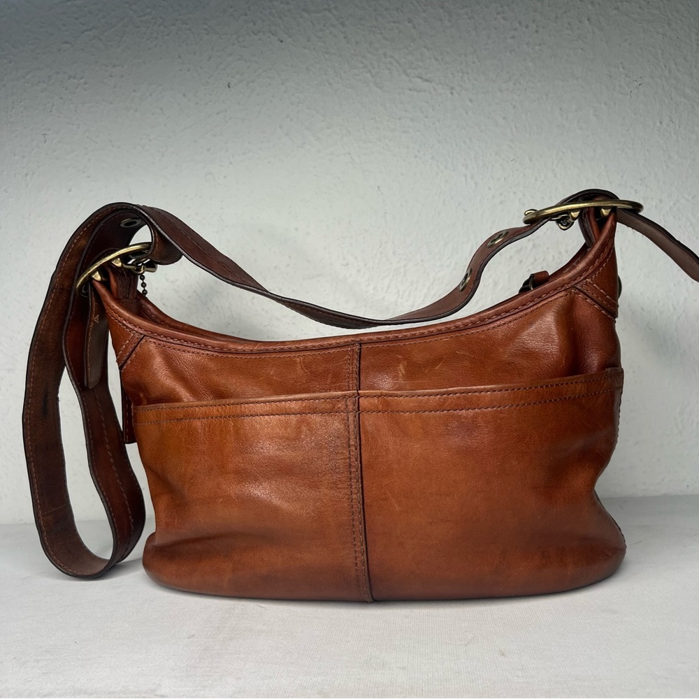 Coach Brown Leather Shoulder Bag – Adjustable Strap, Front Pocket